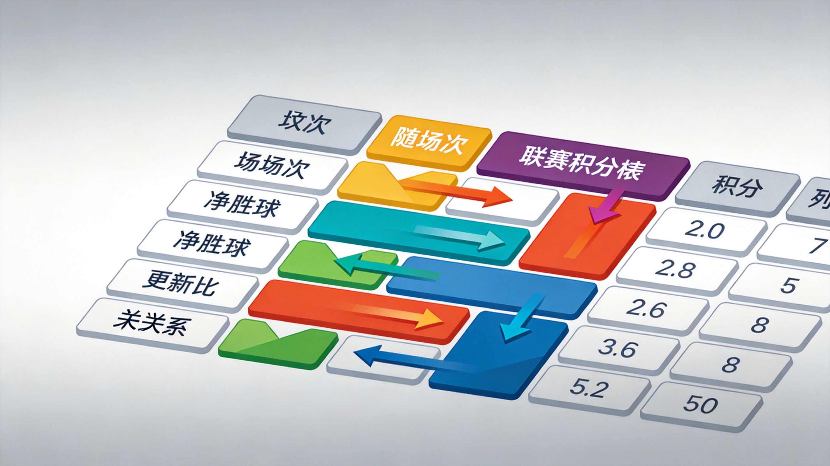 联赛积分榜与排名数据字段示意，展示场次、净胜球与积分列